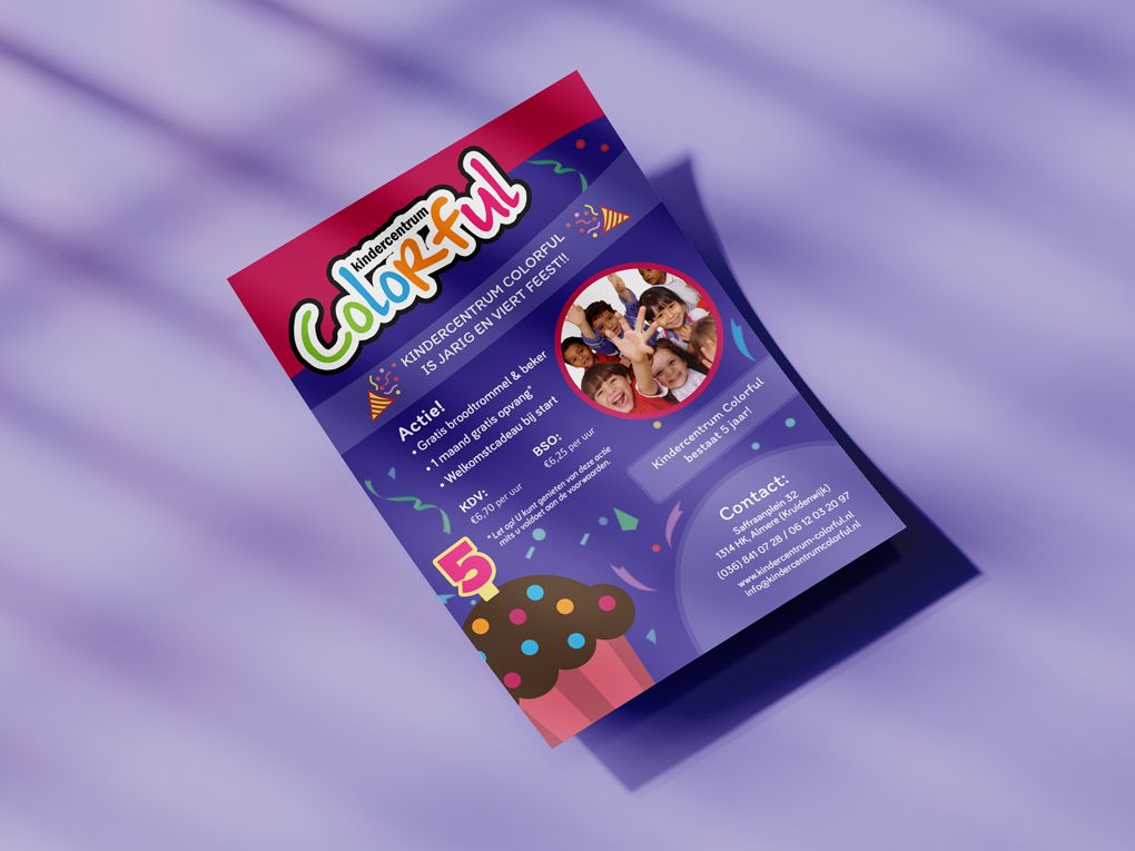 Flyer design for the 5 year anniversary of Kindercentrum Colorful