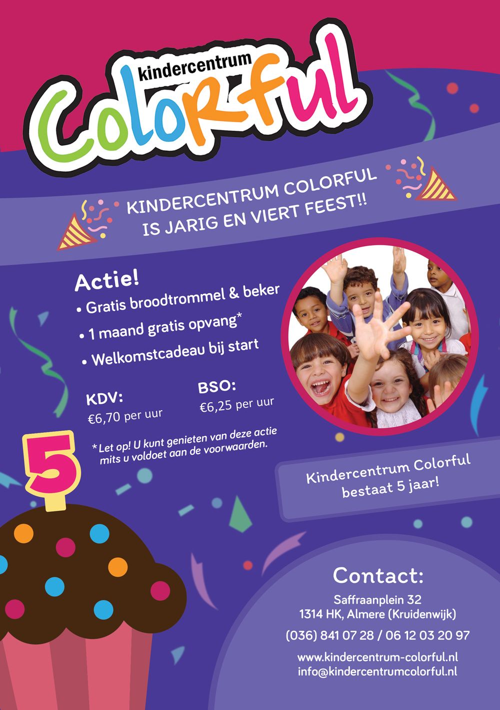Flyer design for the 5 year anniversary of Kindercentrum Colorful