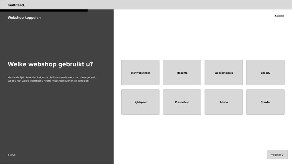 High fidelity wireframe of a screen to select a webshop