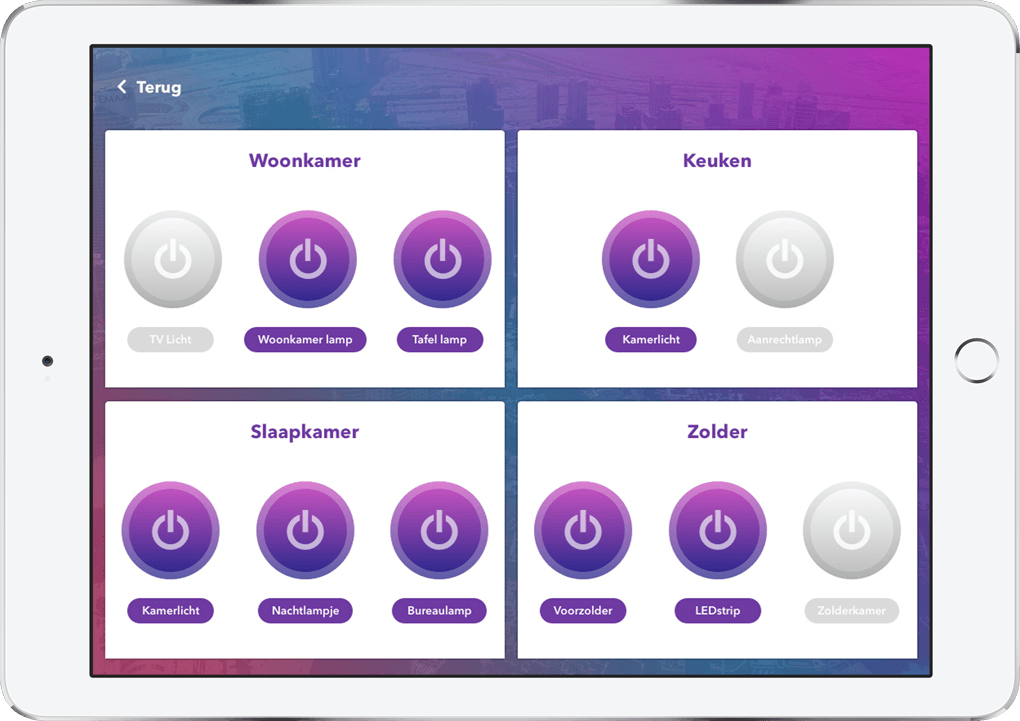 Visual representation of the home monitoring dashboard's light control screen