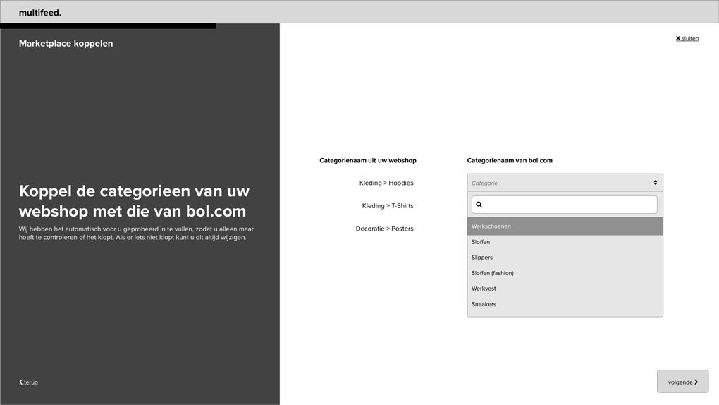 High fidelity wireframe of a screen where the user can map their categories to the marketplace categories