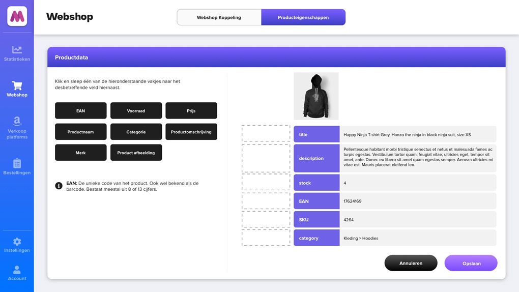 The screen to link product fields