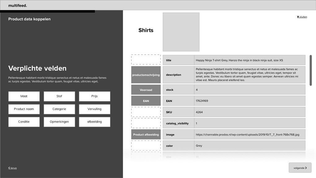 High fidelity wireframe of a screen where the user can map their product fields to the marketplace category specific product fields