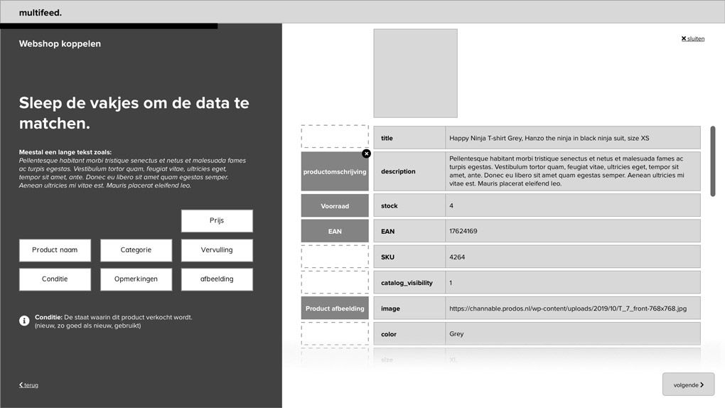 High fidelity wireframe of a screen where the user can map their product fields to the marketplace product fields