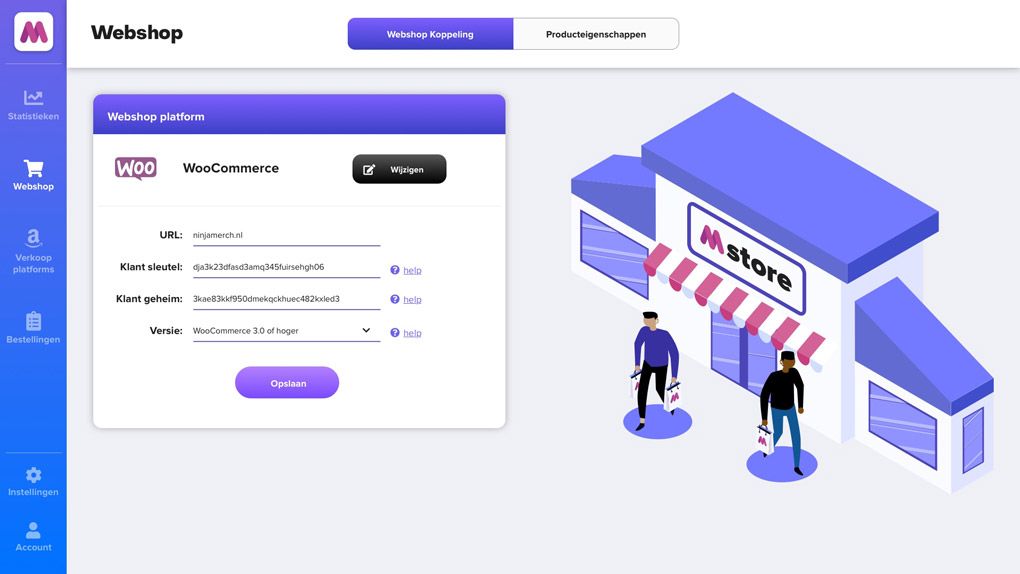 The webshop screen where a webshop is connected