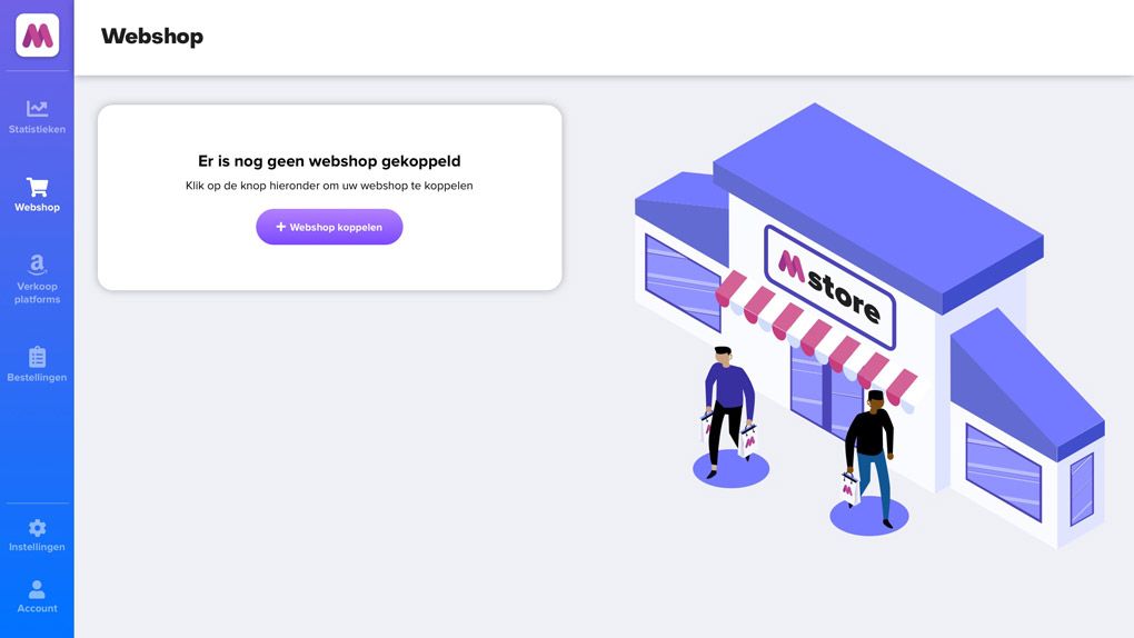 The empty state of the webshop overview screen