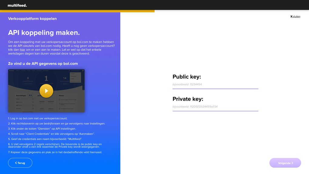 The screen to make an API connection