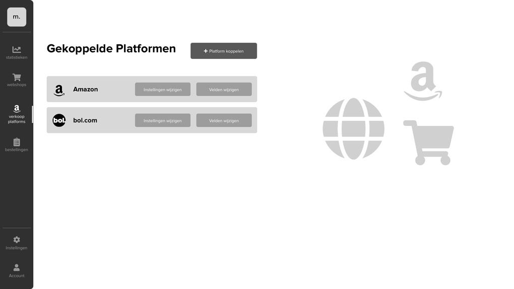 High fidelity wireframe of a screen where the user can set add a new marketplace to make a connection with