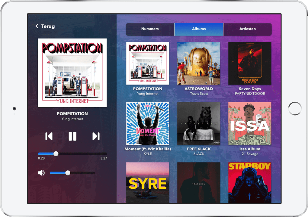 Visual representation of the home monitoring dashboard's music player screen