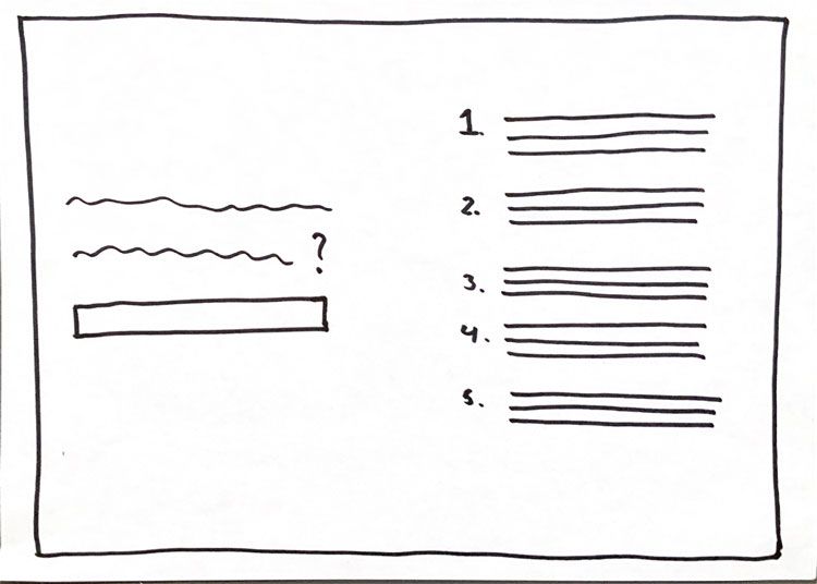 Low fidelity wireframe of a list with steps the user has to go through
